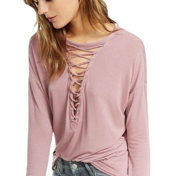 EXPRESS ONE ELEVEN Mauve Lace Up Long Sleeve Top M - Picture 2 of 8